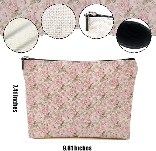 2pcs Pink Vintage Roses Floral Makeup Bag, Pink Coquette Roses Flower Cosmetic Bag Rose Gifts for Women Female Girls Sister BFF Nature Lover, Travel Zipper Pouch Christmas Thanksgiving Birthday Gifts