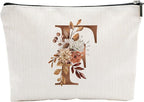 A-Z Boho Personalized Cosmetic Bag-Floral Cotton Letter Makeup Bag With Zipper-Artistic Cosmetic Bag For Travel-Bride,Birthday Gift For Women Daughter Friends-Women Makeup Organizer-A06