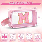 Initial Makeup Bag,Letter M Cute Clear Monogrammed Cosmetic Travel Bag for Womens Girls,Personalized Pink Aesthetic Traveling Make Up Organizer Bag for Beach,Waterproof Toiletry Bag