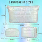 Hiroyuki Iridescent Quilted Makeup Bag, 3pcs Cute Makeup Bag Set, Large Capacity Cosmetic Organizer Travel Toiletry Pouch (plain, cyan)