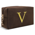 Personalized Initial Makeup Bag,Preppy Suede Cosmetic Bag for Teen Girls,Small Monogram Travel Toiletry Bag With Gold Embroidered Letter,Trendy Stuff Custom Christmas Gift for Women(Coffee-V)
