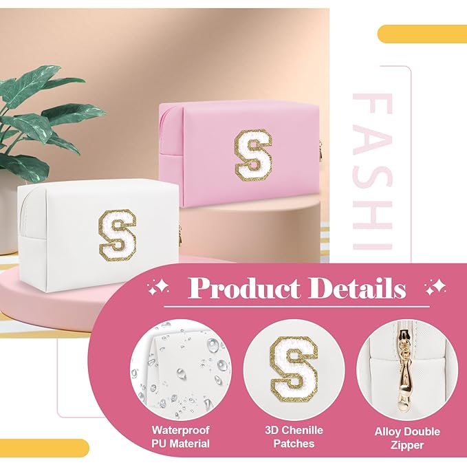 Small Personalized Initial A-Z Preppy Patch Makeup Bag,White PU Chenille Letter Travel Cosmetic Pouch with Zipper,Cute Toiletry Bag,Gift Ideal for Teen Girls Women Teacher Bridesmaid,Letter S