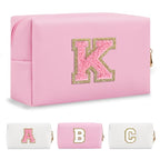 Personalized Initial A-Z Preppy Patch Makeup Bag,Small PU Leather Chenille Letter Cosmetic Bag with Zipper for Teen Girls,Pink Cute Travel Toiletry Bag,Birthday Monogrammed Gift for Daughter,Letter K