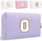Small Personalized Letter Makeup Bag, Cute PU Leather Chenille Letters Cosmetic Bag Travel Makeup Pouch, Preppy Travel Organizer Zipper Pouch for Women&Girls（Purple-O）