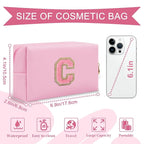 Personalized Initial A-Z Preppy Patch Makeup Bag,Small PU Leather Chenille Letter Cosmetic Bag with Zipper for Teen Girls,Pink Cute Travel Toiletry Bag,Birthday Monogrammed Gift for Daughter,Letter C