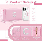 ChaoGreat Bride Gifts – Personalized Initial Makeup Bag with Pearl Rhinestone Patch, Preppy Pink Monogram Cosmetic/Toiletry Pouch, bridesmaid Gifts, Bridal Shower Gifts, Wedding Gifts, Bridal Gifts,C