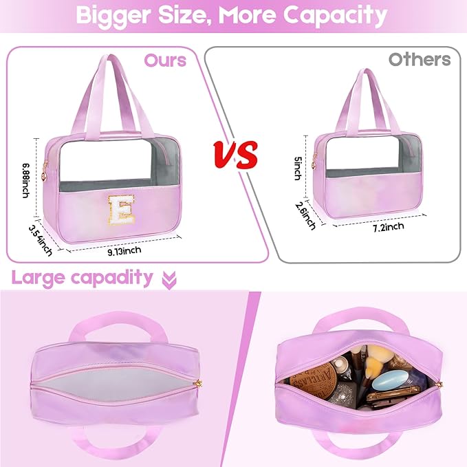 Personalized Initial B Clear Purple Makeup Bag - Large Travel Toiletry Bag, Cute Cosmetic Organizer Set for Girlfriend, Teacher, Teen Girl Gifts
