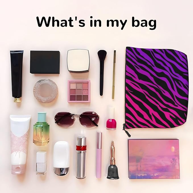 MOLAIGIN Zebra Print Black Pink Cosmetic Bag For Women, Travel Makeup Bag, Toiletry Zipper Bag, Large Capacity Aesthetic Cases