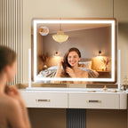 Hasipu Vanity Mirror with Lights, 34.3" x 25.2" LED Makeup Mirror, Light up Mirror with 10X Magnification and Phone Holder, USB Charging Port, Smart Touch 3 Colors Dimmable (White)