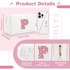 Small Personalized Initial A-Z Patch Makeup Bag,White Cute PU Leather Glitter Letter Cosmetic Bag for Teen Girls,Travel Toiletry Bag with Zipper,Preppy Monogrammed Birthday Gift for Daughter Niece P