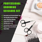 Facial Hair Small Grooming Scissors For Men Women - Eyebrow, Nose Hair, Mustache, Beard, Eyelashes, Ear Trimming Kit - Curved and Rounded Safety Tip Clippers For Hair Cutting- 2PCS Black