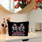 Gothic Dancing Skeleton Cowboy Makeup Bag, Western Goth Skull Cosmetic Bags for Women, Trendy Retro Black and White Checkered Makeup Pouch Zipper Pouch