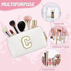 Personalized Initial Preppy Makeup Bag, Small Cute White Toiletry Pouch Monogram Cosmetic Travel Organizer with Zipper, PU Waterproof Glitter Make Up Bags Storage Gift for Women Coworker(Letter C)