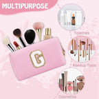 Personalized Initial Preppy Makeup Bag Organizer, Small Travel Cute Pink Cosmetic Bag Toiletry Zipper Pouch, Waterproof PU Leather Monogram Makeup Case Graduation Gift for Teacher Friends(Letter G)