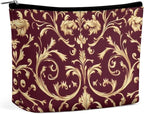 Fashion Zipper Cosmetic Case, Portable Makeup Case, Personality Toiletry Bag, Flower Maroon Gold Floral Classy Burgundy Antique Travel Cosmetic Toiletry Bag
