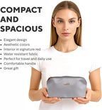 NAORI Travel Makeup Bag for Women | Large Luxury Cosmetic Organizer with Handle & Inner Pockets | Waterproof Leather Toiletry Bag | Makeup Case for Home, Travel & Gifting (Soft Grey)