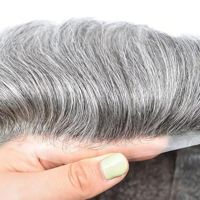 FACE MIRACLE Toupee for Men French Lace Mens Toupee Human Hair Replacement System Thin Skin Around Man Hairpieces V-Looped PU Front Hair Prosthesis 6"X9" #1B60 Off Black with 60% Gray