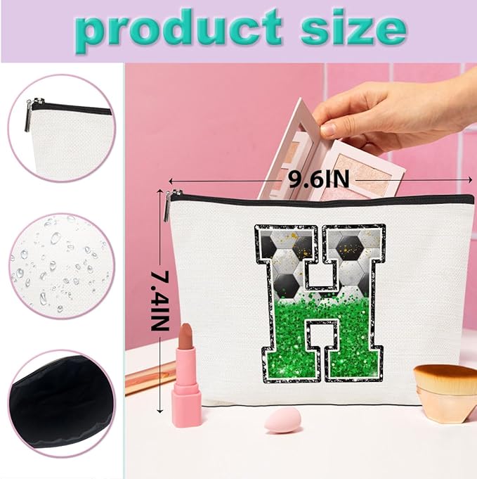 Soccer Gifts Initial Makeup Bag Monogrammed Cosmetic Bag Letter H Zipper Pouch Soccer Accessories for Girls Women Player Coach Friend Stuff Graduation Birthday Gifts