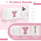 Small Initial Patch Makeup Bag Personalized Gifts Make Up Bag,White Cute PU Leather Glitter Letter Cosmetic Bag with Zipper,Trendy Portable Travel Toiletry Pouch,Preppy Stuff for Teen Girls Women Y