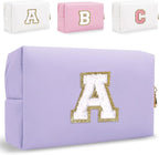 Small Personalized Letter Makeup Bag, Cute PU Leather Chenille Letters Cosmetic Bag Travel Makeup Pouch, Preppy Travel Organizer Zipper Pouch for Women&Girls（Purple-A）