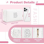 Bride Gifts – Personalized Initial Makeup Bag with Pearl Rhinestone Patch, Preppy White Monogram Cosmetic/Toiletry Pouch, bridesmaid Gifts, Bridal Shower Gifts, Wedding Gifts, Bridal Gifts,B