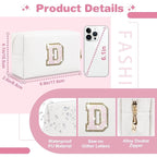 Small Initial Patch Makeup Bag Personalized Gifts Make Up Bag,White Cute PU Leather Glitter Letter Cosmetic Bag with Zipper,Trendy Portable Travel Toiletry Pouch,Preppy Stuff for Teen Girls Women D