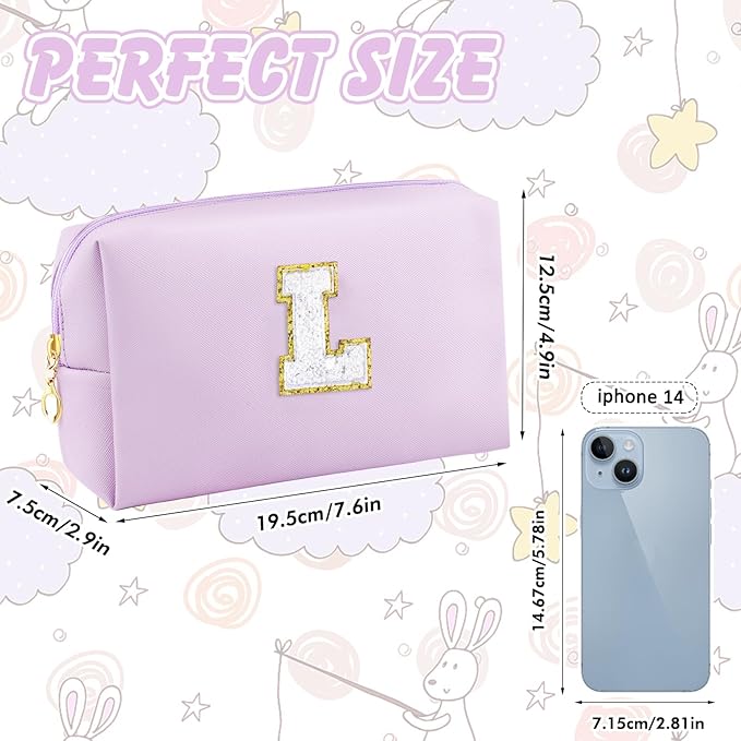 Gifts for Girls Initial Makeup Bag Personalized Cosmetic Bag with Zipper Cute Travel Toiletry Bag Waterproof PU Preppy Makeup Pouch Birthday Gift for Teen Girls Women(Purple L)
