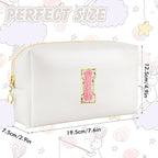 Initial Makeup Bag Personalized Preppy Travel Small Cosmetic Bag Cute PU White Chenille Letter Makeup Pouch for Purse Waterproof Zippered Toiletry Organizer for Women Girls Kids Friends (I)