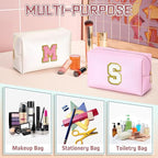 TOPEAST Preppy Pink PU Leather Makeup Bag with Gold Glitter Chenille Patch, 8.3in x 3.5in x 4.9in