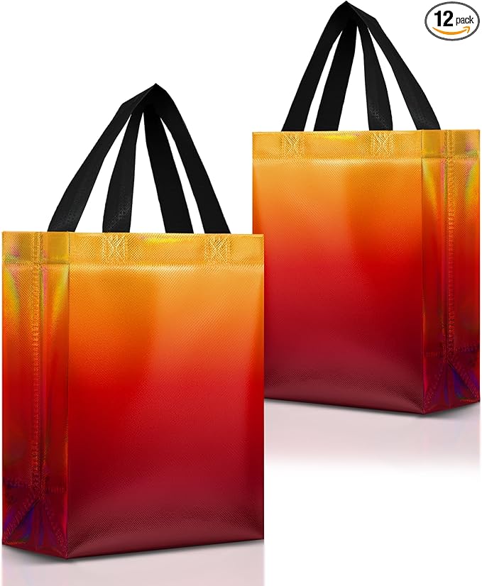 Nush Nush Rise Gradient Gift Bags Medium Size - Set of 12 Sunset Yellow & Red Gift Bags with Handles & Iridescent Finish - Ideal Goodie Bag for Birthday Party Favors, Christmas, Return Gifts - 8x4x10