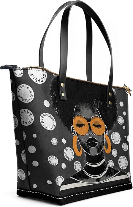 African Black Women's Leather Tote Bag, Large, Premium Vegan Leather, Full Zip, Perfect Christmas Gifts For Women