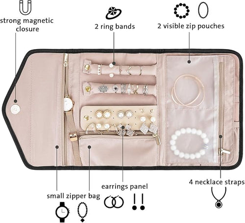 BAGSMART Travel Jewelry Organizer Roll Foldable Jewelry Case for Journey-Rings, Necklaces, Bracelets, Earrings, Black