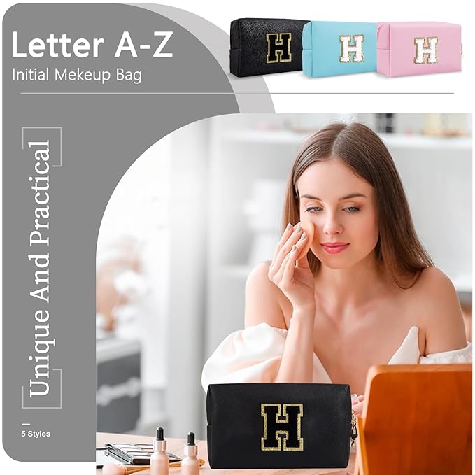Personalized Initial A-Z Preppy Patch Makeup Bag,Small PU Chenille Letter Cosmetic Bag with Zipper for Teen Girls,Black Cute Toiletry Organizer Bag,Monogram Makeup Case Gift for Women Girls,Letter H