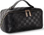 Abiudeng Travel Makeup Bag,Large Capacity Toiletry Bag Cosmetic Bags for Travel Essentials,Waterproof Portable Pouch Open Flat Makeup bag Organizer with Divider and Handle(Checkered-Black)