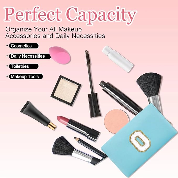Small Personalized Letter Makeup Bag, Cute PU Leather Chenille Letters Cosmetic Bag Travel Makeup Pouch, Preppy Travel Organizer Zipper Pouch for Women&Girls（Blue-O）