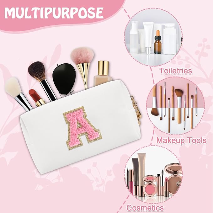 Personalized Initial Preppy Patch Makeup Bag, Small Travel Cute Cosmetic Pouch Makeup Case Toiletry Zipper Pouch, Monogram Waterproof PU Leather Chenille Letter Storage Bag Gift for Women(Letter A)