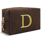 Personalized Initial Makeup Bag,Preppy Suede Cosmetic Bag for Teen Girls,Small Monogram Travel Toiletry Bag With Gold Embroidered Letter,Trendy Stuff Custom Christmas Gift for Women(Coffee-D)