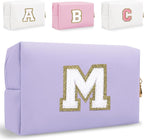 Small Personalized Letter Makeup Bag, Cute PU Leather Chenille Letters Cosmetic Bag Travel Makeup Pouch, Preppy Travel Organizer Zipper Pouch for Women&Girls（Purple-M）
