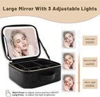 Portable Travel Cosmetic Bag with LED, 3-color Adjustable Cosmetic Organizer, Women's Cosmetic Case, Mirror Makeup Bag Case Rechargeable (Black)