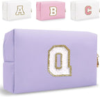Small Personalized Letter Makeup Bag, Cute PU Leather Chenille Letters Cosmetic Bag Travel Makeup Pouch, Preppy Travel Organizer Zipper Pouch for Women&Girls（Purple-Q）
