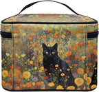 Black Cat Vibrant Floral Pattern Travel Makeup Bags for Women Portable Tote Cosmetic Case with Carry Handle Toiletry Accessories Storage Organizer Bags