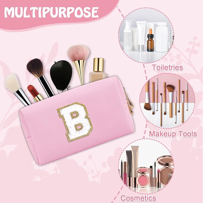 Small Initial Preppy Makeup Bag Organizer, Pink Cute Chenille Letter Cosmetic Pouch with Zipper Toiletry Bags for Traveling, Waterproof PU Makeup Case Personalized Gifts for Bachelorette(Letter B)