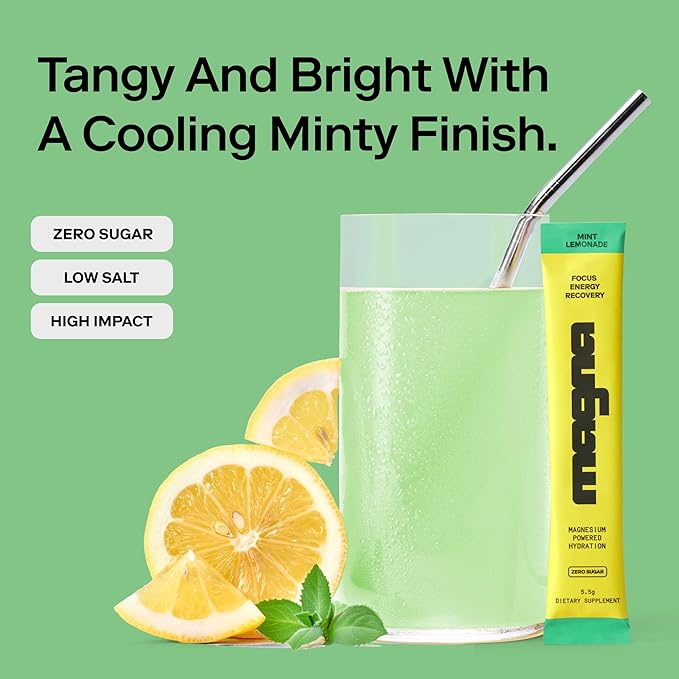 MAGNA Electrolytes Powder Drink Mix for Hydration, Energy & Focus Support with Magnesium L Threonate, Sodium, Potassium, Vitamin D, B6 & B12, Sugar Free, Mint Lemonade Flavor, 28 Servings