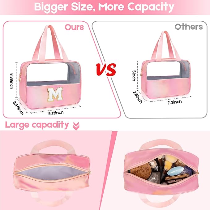 Personalized Initial Clear Makeup Bag Pink Cosmetic Bag Set Large Travel Toiletry Bag, Cute Clear Make Up Bags Organizer Bag for Girlfriend Teacher Gifts Teen Girl Gifts Trendy Stuff L (Pink)