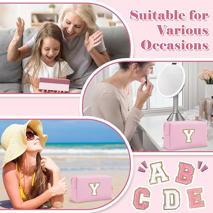 Personalized Initial A-Z Preppy Patch Makeup Bag,Small PU Chenille Letter Cosmetic Bag with Zipper for Teen Girls,Pink Cute Toiletry Organizer Bag,Monogram Makeup Case Gift for Women Girls,Letter Y