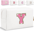 Small Personalized Glitter Initial Letter Makeup Bag, Cute PU Leather Chenille Letters Cosmetic Bag Travel Makeup Pouch, Preppy Travel Organizer Zipper Pouch for Women&Girls（WhiteRosePink-Y）