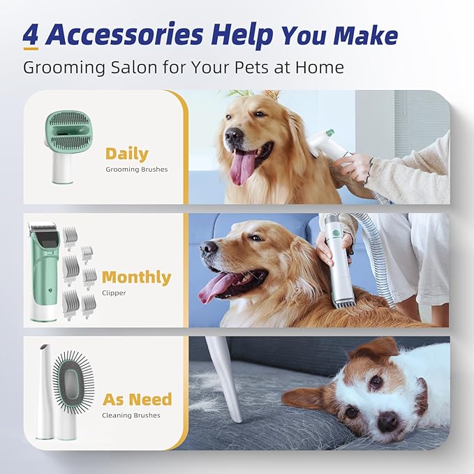 Dog Grooming Kit with Vacuum, 15000Pa Pet Hair Clipper and Shedding Brush, 50dB Low Noise, 2L Capacity, White