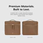 Vanity Cosmetic Case - Stylish Travel Makeup Bag for Women with Removable Wet Pouch, Upright Bottle Design, Clear Top Pocket, Leather Handle, Travel Essentials, Toiletry Organizer - Light Brown
