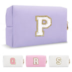 Personalized Makeup Bag Initial A-Z Preppy Patch Bag,Small PU Leather Travel Cosmetic Bag Pouch with Zipper,Purple Cute Toiletry Bag,Gift Ideal for Teen Girls Women Birthday Friend Mom,Latter P