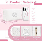 Bride Gifts – Personalized Initial Makeup Bag with Pearl Rhinestone Patch, Preppy White Monogram Cosmetic/Toiletry Pouch, bridesmaid Gifts, Bridal Shower Gifts, Wedding Gifts, Bridal Gifts,Q